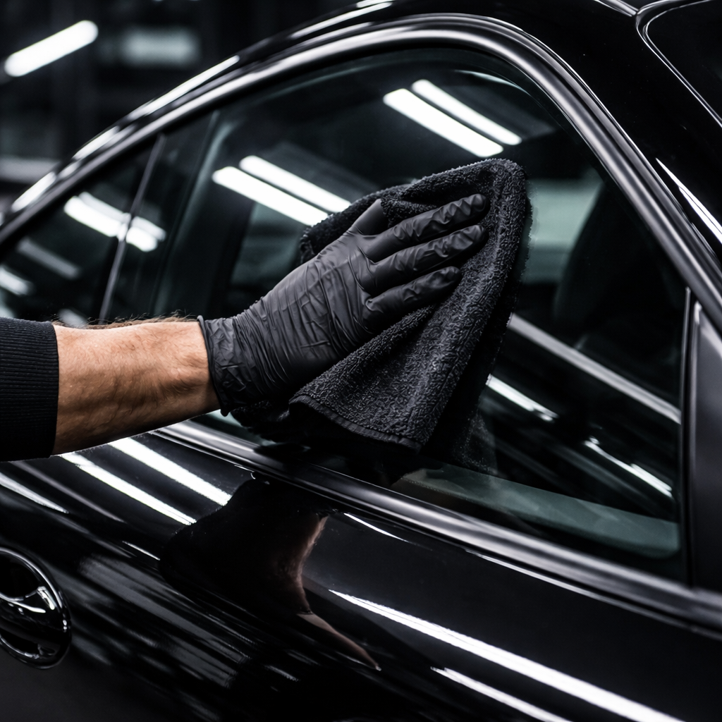 limpieza cristales coche sin marcas con microfibra negra acabado profesional