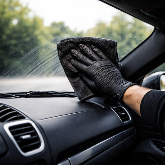 limpieza parabrisas interior coche con microfibra negra sin reflejos ni grasa
