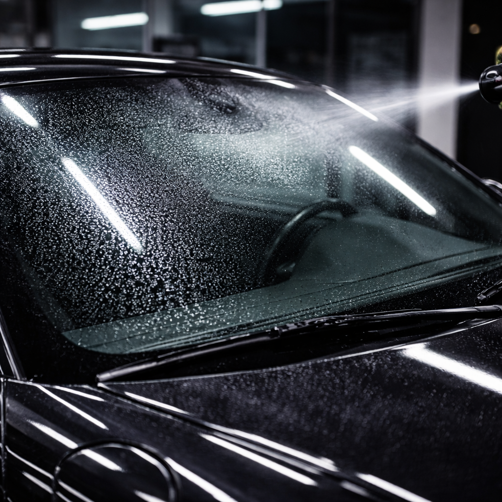 producto limpiacristales coche aplicado en cristal sin residuos acabado limpio