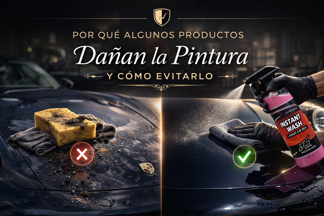 Productos de limpieza de coche que pueden dañar la pintura frente a método seguro de mantenimiento con detailing profesional