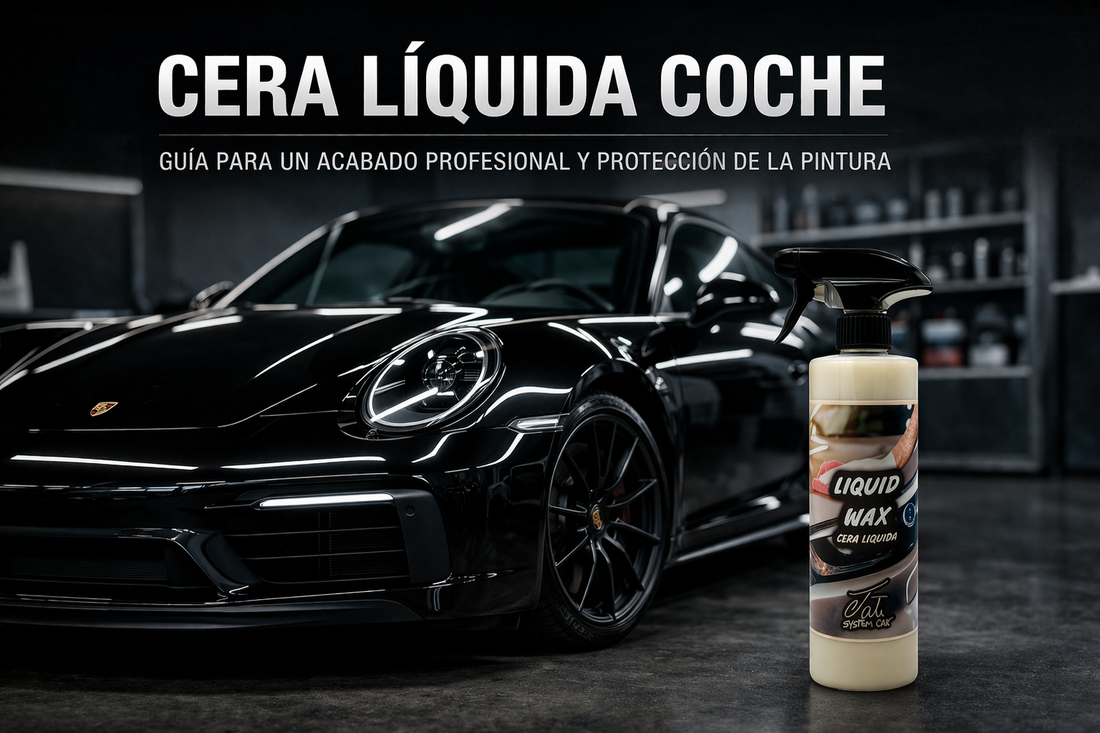 Cera líquida para coche aplicada en carrocería con Porsche negro en entorno detailing profesional con acabado brillante y protegido