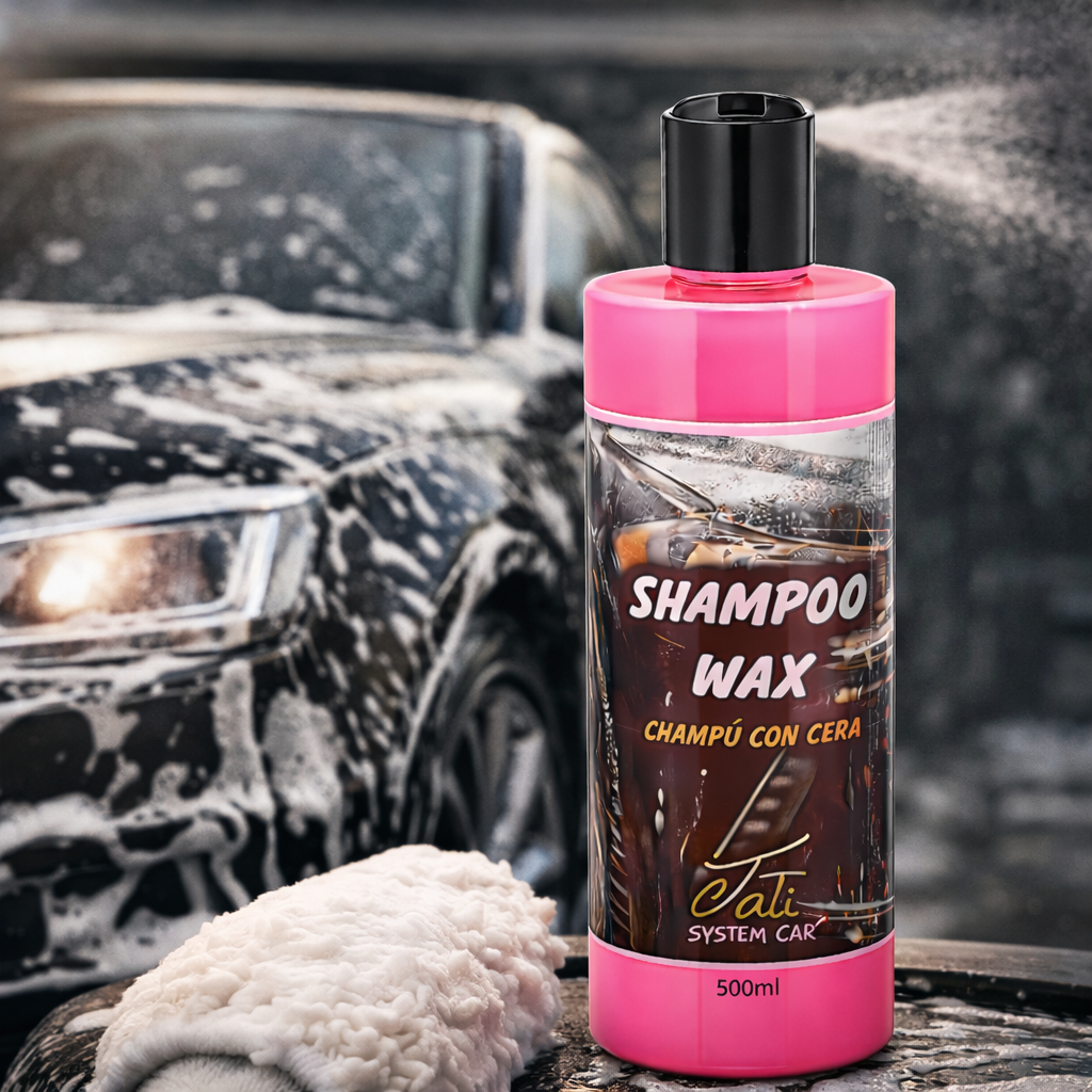 champú con cera de carnaúba para coche aplicado en lavado con espuma mostrando brillo y protección en la carrocería