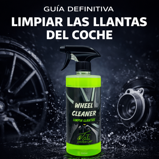limpia llantas coche Tati System Car con botella spray sobre fondo oscuro mostrando limpieza de llantas y eliminación de suciedad y polvo de freno