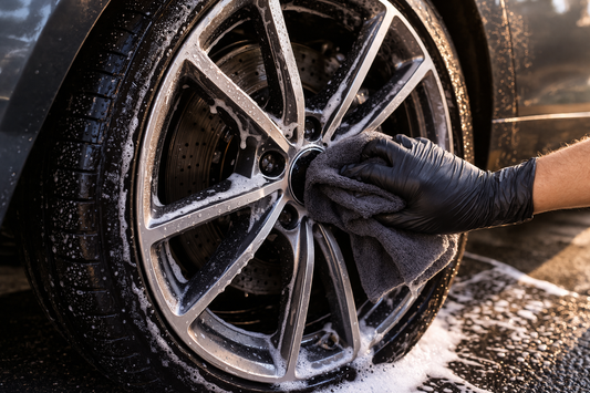 limpieza de llantas coche con cepillo eliminando polvo de freno y suciedad incrustada sin dañar el acabado