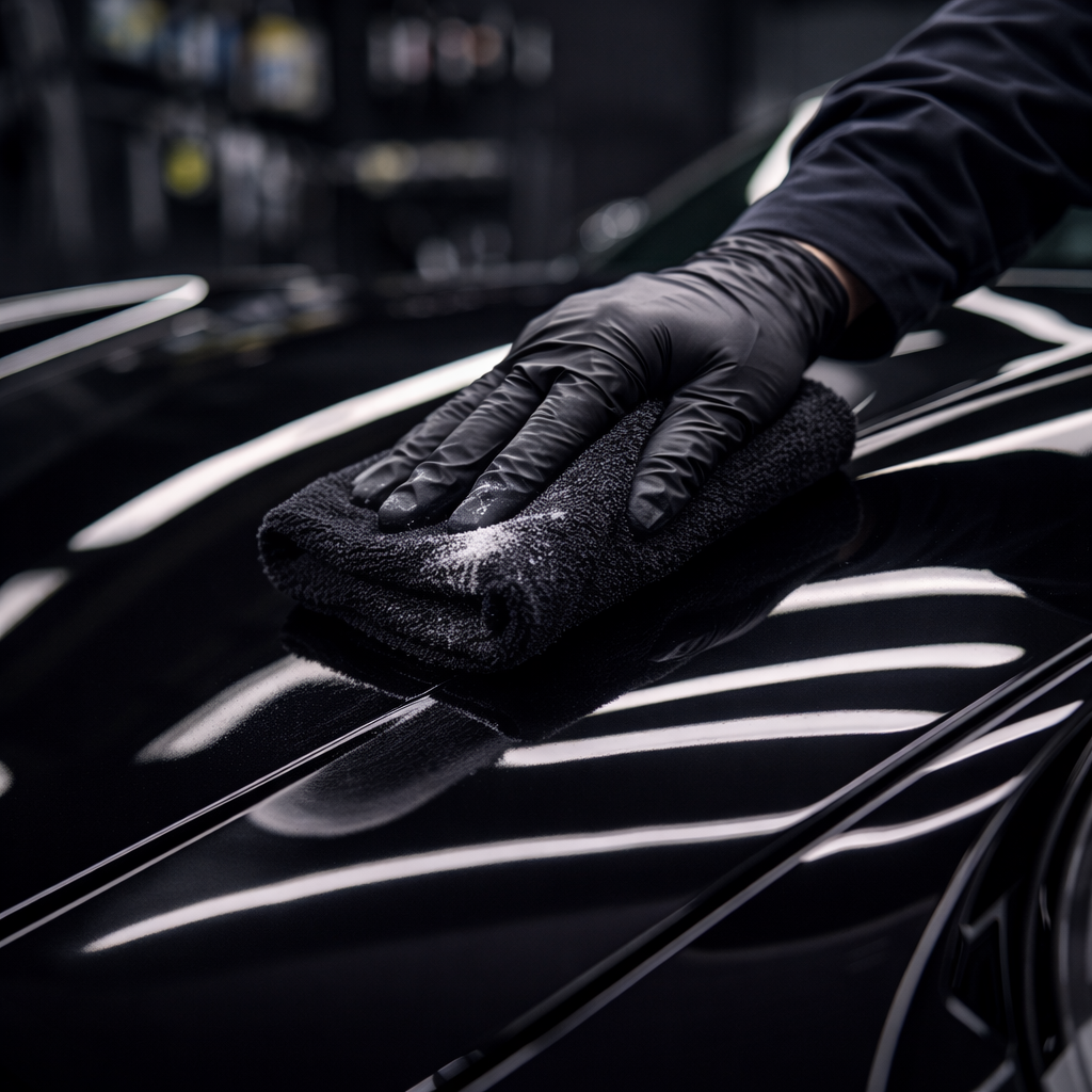 mano con guante negro aplicando cera líquida en carrocería de coche con microfibra acabado brillante detailing
