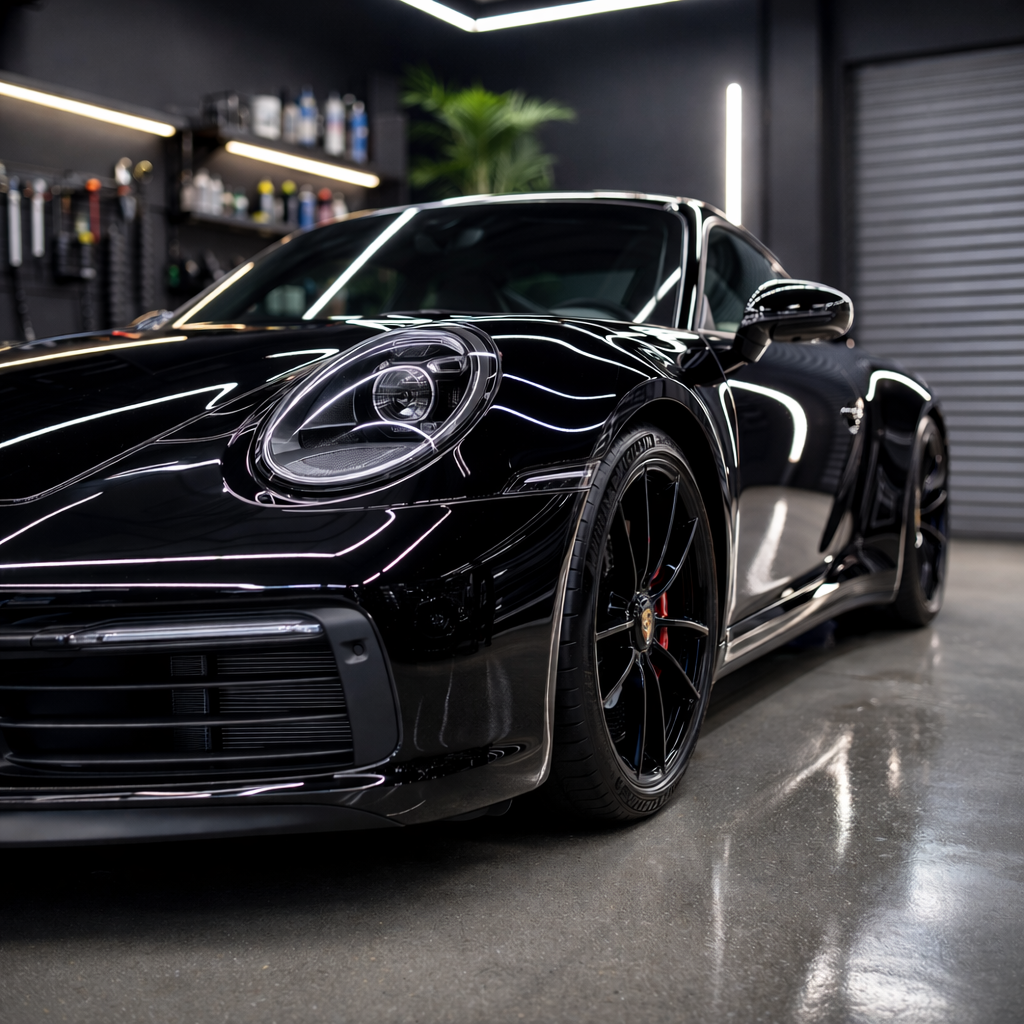 coche negro brillante tras encerar carrocería reflejos intensos pintura protegida detailing