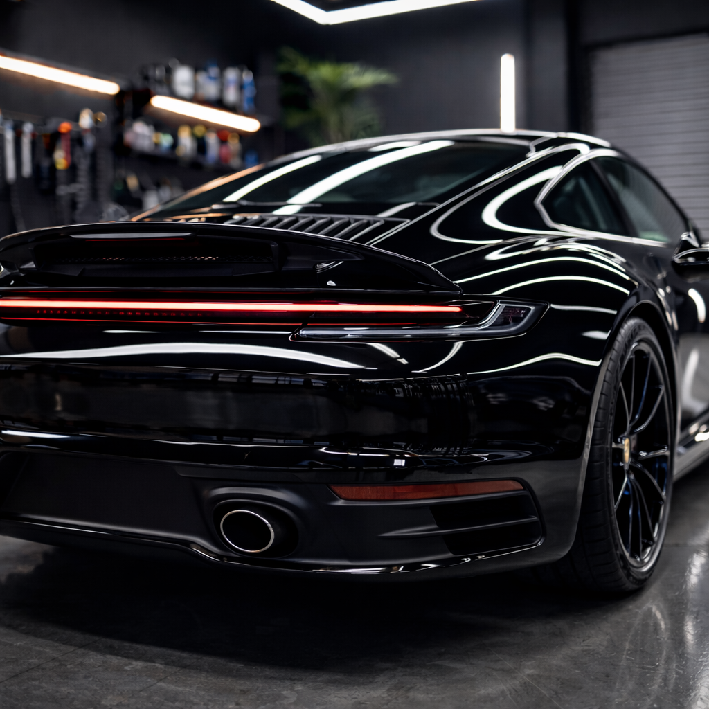 coche negro con brillo espejo tras aplicar mejor cera líquida acabado premium detailing carrocería protegida