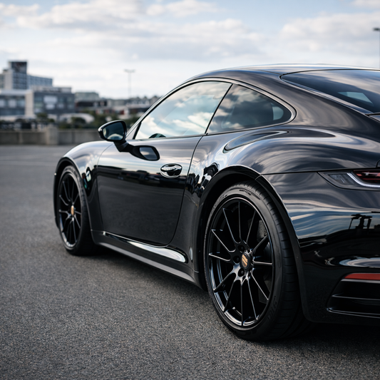 coche negro brillante limpio con reflejos intensos carrocería mantenida en perfecto estado detailing