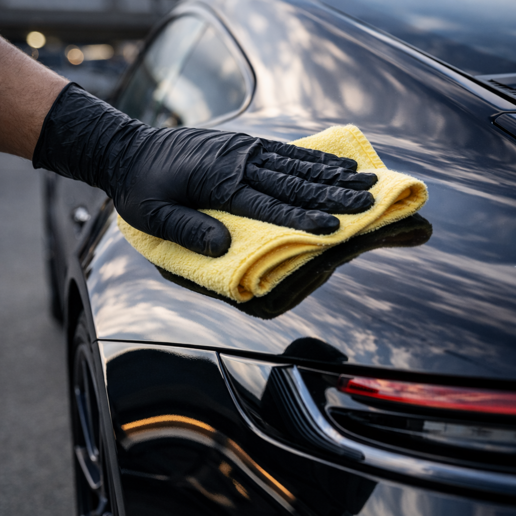 mano con guante negro limpiando coche con microfibra sin agua carrocería brillante mantenimiento detailing