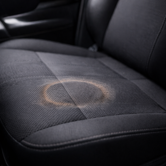 cercos en asiento coche tela despues de limpieza incorrecta detalle mancha seca