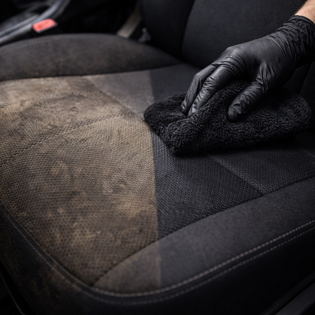limpieza asiento coche muy sucio proceso paso a paso microfibra producto textil