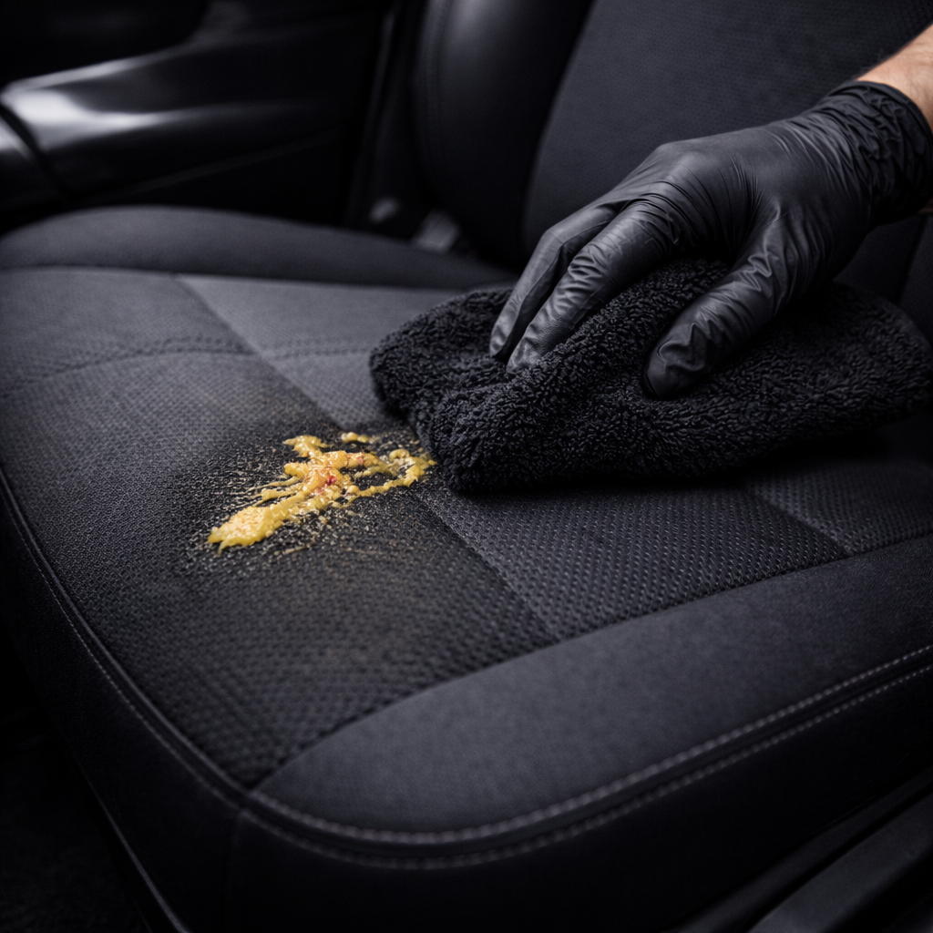 mancha comida asiento coche limpieza localizada microfibra detalle tapiceria