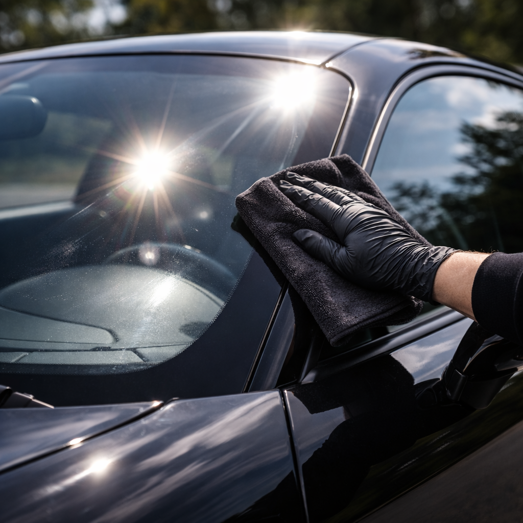 limpieza cristal coche al sol reflejos controlados sin marcas microfibra negra