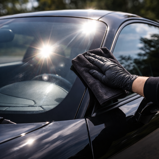 limpieza cristal coche al sol reflejos controlados sin marcas microfibra negra