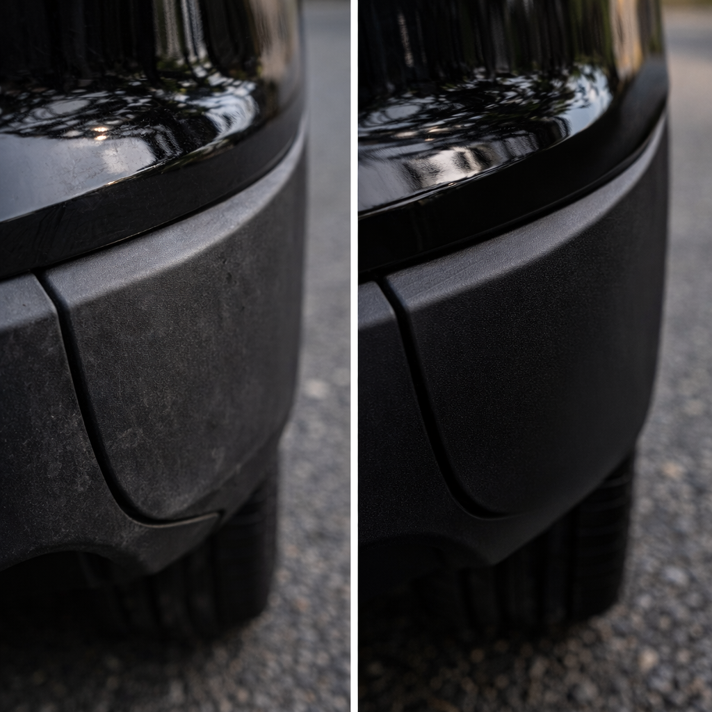 plástico exterior coche recuperado con acabado uniforme negro profundo sin desgaste visible