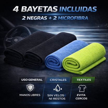 Kit completo para limpieza interior coche con productos específicos para plásticos, textiles y cristales con acabado brillante natural
