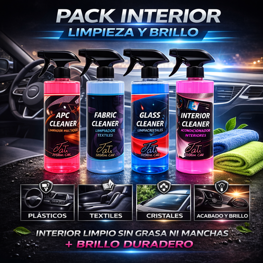 Pack limpieza interior coche profesional con APC, limpiador textil, limpiacristales, abrillantador interior y 4 bayetas microfibra