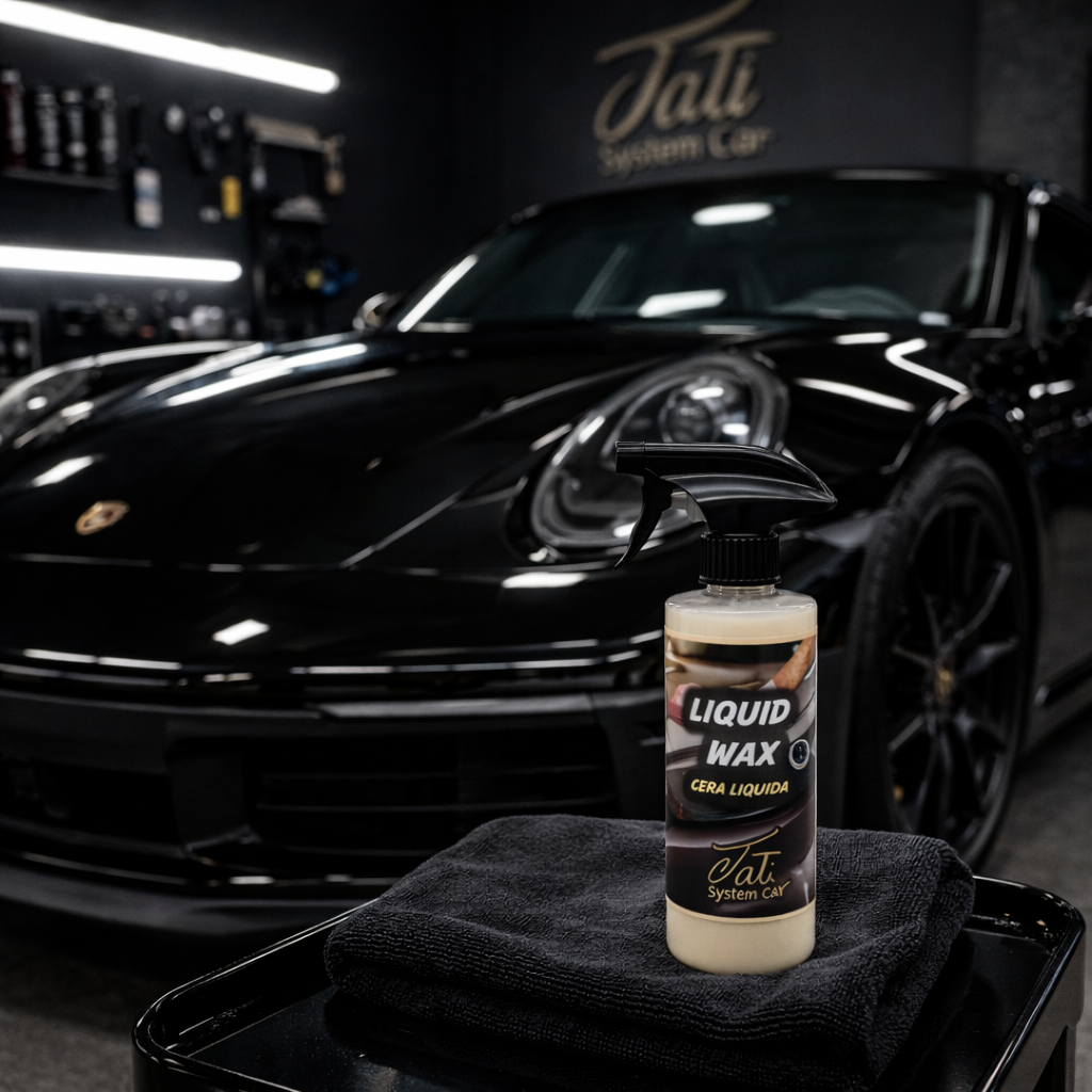 Detalle de pintura de coche con cera líquida acabado premium sin residuos