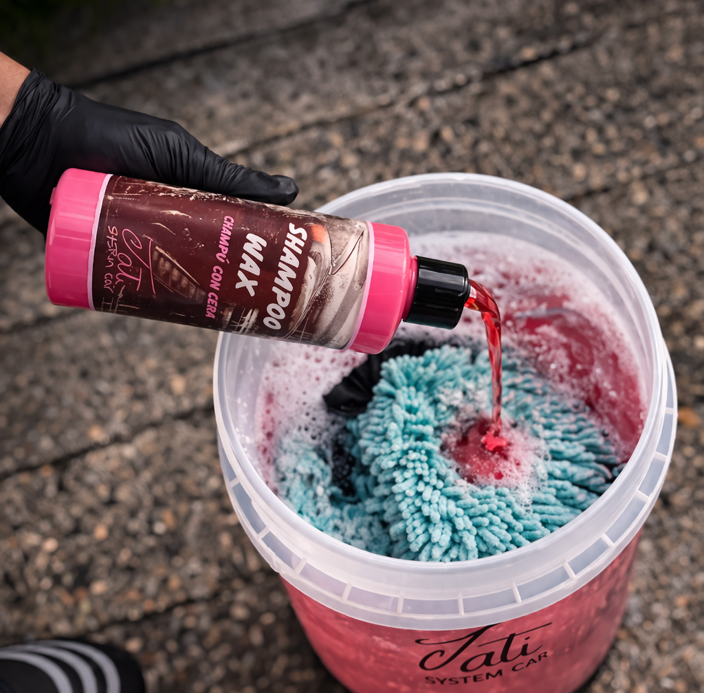 espuma de champú con cera de carnaúba aplicada en coche para limpieza suave y acabado sedoso