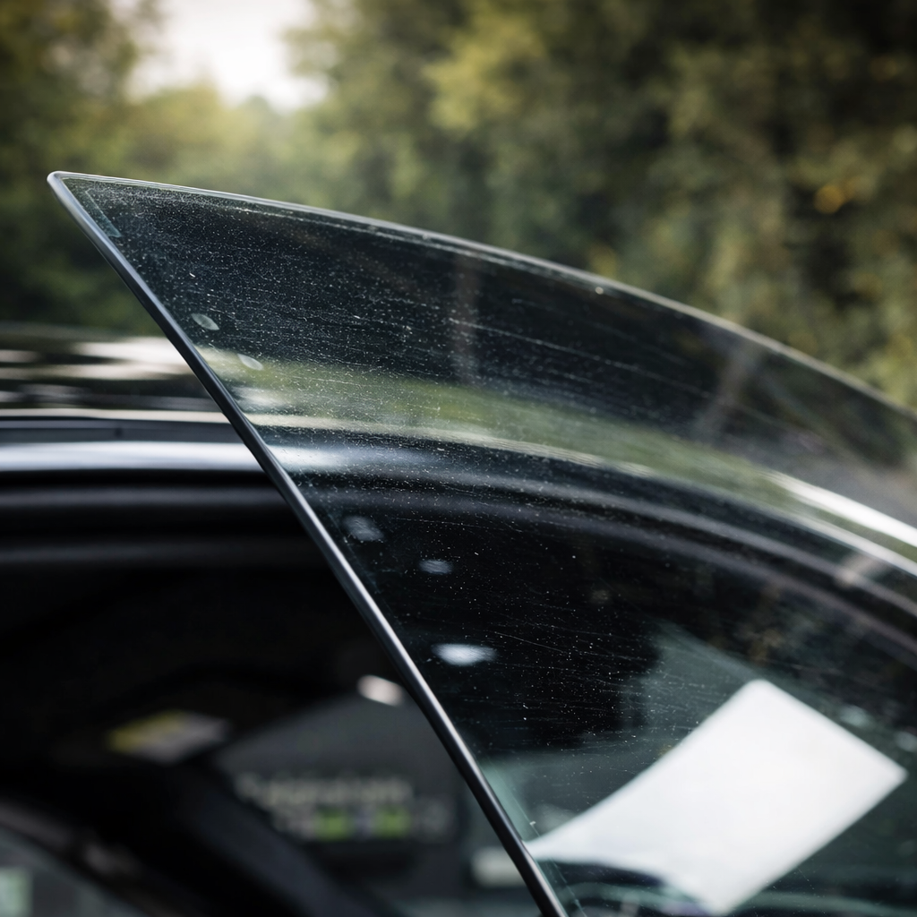 proceso de limpiar cristales de coche sin cercos utilizando limpiacristales profesional